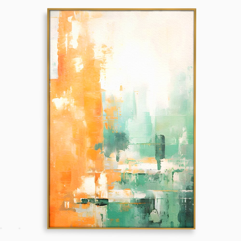 Tablou canvas cu pictura abstracta cu portocaliu si turcoaz, in rama de aluminiu auriu